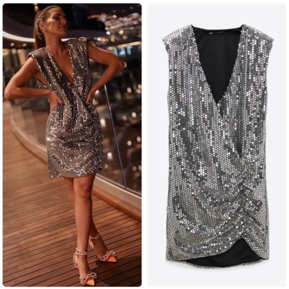 ZARA Drapped Wrap Silver a neck Sequin Shoulder Padded Deess - Picture 8 of 9